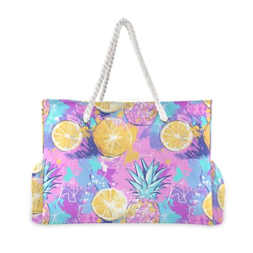 JUNZAN Tropical Fruits Blue Beach Tote Bag with Handles Swim Pool Bag Beach Totes Bags for Women with Waterproof Pockets3