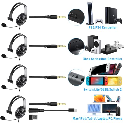 Image of Joso One Ear Headset with Mic, Wired Headset for PS5 /PS4 /Xbox /Switch /PC /iPad /Mac /Tablet with USB C & USB-A Adapter - Chat Headphone, Business, Coach, Gaming, Working, Black | One Ear