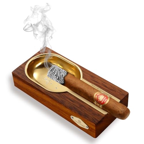 Posacenere per sigari in legno e lega, grande porta sigari, accessori per sigari per esterni e interni, posacenere con supporto per sigari in lega (oro marrone)