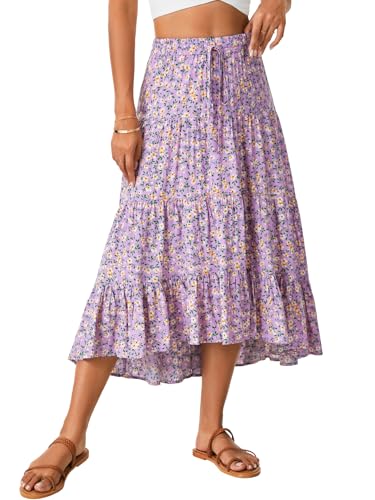 Rooscier Women's Floral Print High Low Drawstring Tiered Pleated High Waist A Line Midi Skirts Purple X-Large2