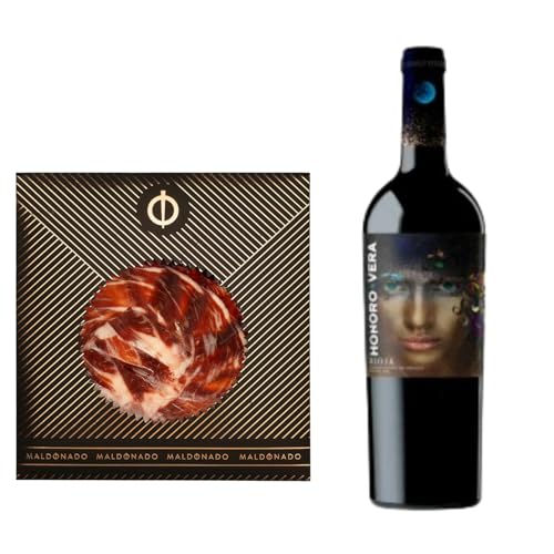Pack Vino Rioja - Jamón de Bellota 100% Ibérico Maldonado Cortado a Mano 100g + Vino Tinto Honoro Vera