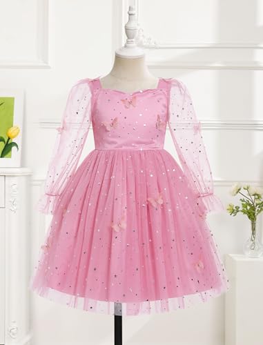 IMEKIS Kids Girls Birthday Princess Dress Mesh Long Sleeve Sparkle Butterfly Stars Tulle Pageant Formal Party Dresses4