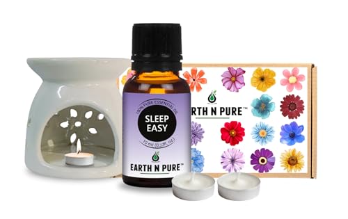 Image of Earth N Pure Ceramic Aroma White Diffuser Burner with 10Ml Sleep Easy Essential Oil Blend & 2 Pcs Candles Strong & Long-Lasting Fragrance | Perfect for Gift Set