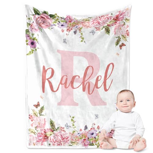 Yoke Style Personalized Flannel Swaddle Blanket for Girls, 32x48 inches, Custom Baby Blanket with Name, Newborn Gifts for Baby Shower, Birthday