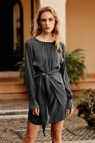 Prettygarden Women's 2023 Spring Satin Dress Long Sleeve Tie Waist Elegant Cocktail Party Mini Dresses (Black,Medium) #TOP3