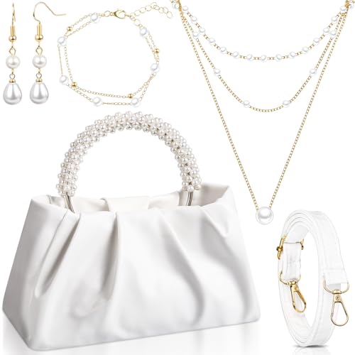 Liliaafar 4 Pcs Evening Clutch Purse with Pearl Jewelry Sets Clutch Bag Pearl Earrings Necklace Bracelet for Wedding Party(White Leather Ruched)