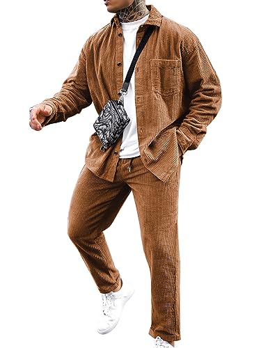 LecGee Men's Corduroy Shacket and Pants 2 Piece Casual Button Down...