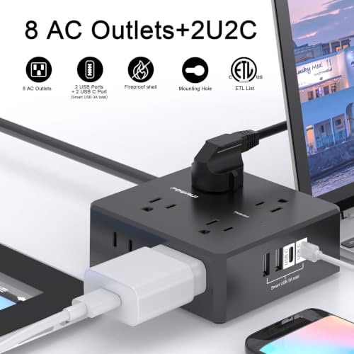 Image of Surge Protector Power Strip - 6 Ft Flat Plug Extension Cord with 8 Widely Outlets and 4 USB Ports(1 USB C), 3 Side Outlet Extender for Home Office, Black, ETL Listed