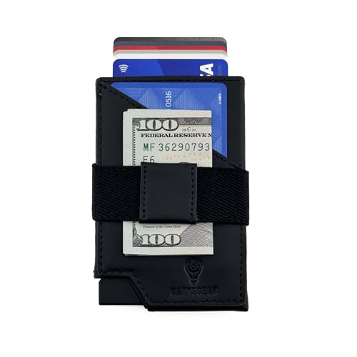 Slim Wallet for Men | RFID Blocking Elastic Leather Wallet with Pop-Up Card Holder | Minimalist Compact Front Pocket Design | 7 Credit Card Holders with Cash Strap | 4 inches – Black2