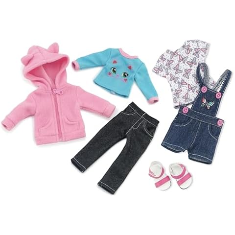 Emily Rose 14 Inch Doll Clothes 3 PC Overall Jean Shorts Outfit with Sandals Bundled with a 3 PC Pink Fleece Coat Jacket (with Ears!) Gift Set, Including Stretch Jeans and Fun T-Shirt! Cover