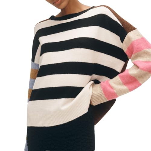 Oversized Striped Sweater Women Color Block Batwing Sleeve Pullover Sweaters Fall Crewneck Knit Tops