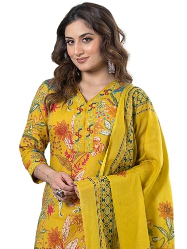 Image of Arayna Women's Pure Cotton Floral Kurta Set with Pants & Dupatta | Embroidered V-Neck Ethnic Suit
