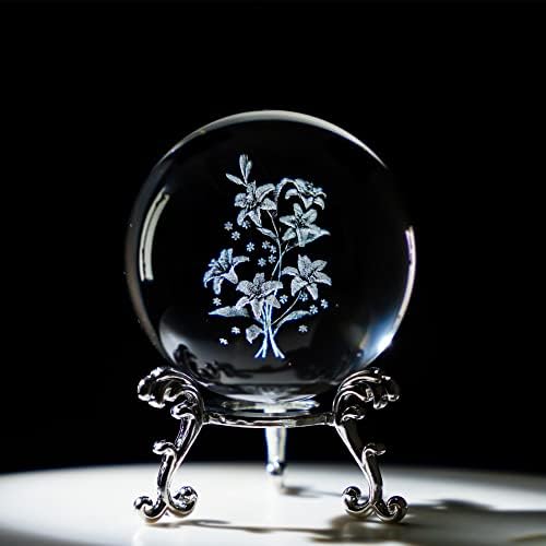 HDCRYSTALGIFTS 3D Lilies Flowers Figurines Crystal Ball with Stand 60mm Laser Engraved Paperweight Glass Flowers Full Sphere Home Art Decor Gift