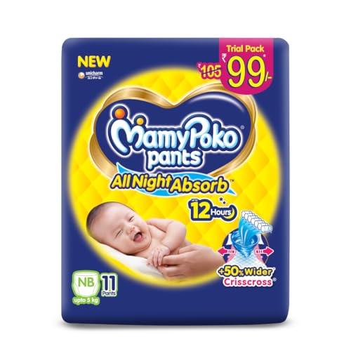 Image of MamyPoko Pants All Night Absorb Baby Diapers, New Born /X-Small (NB /XS), 11 Count, Upto 5kg