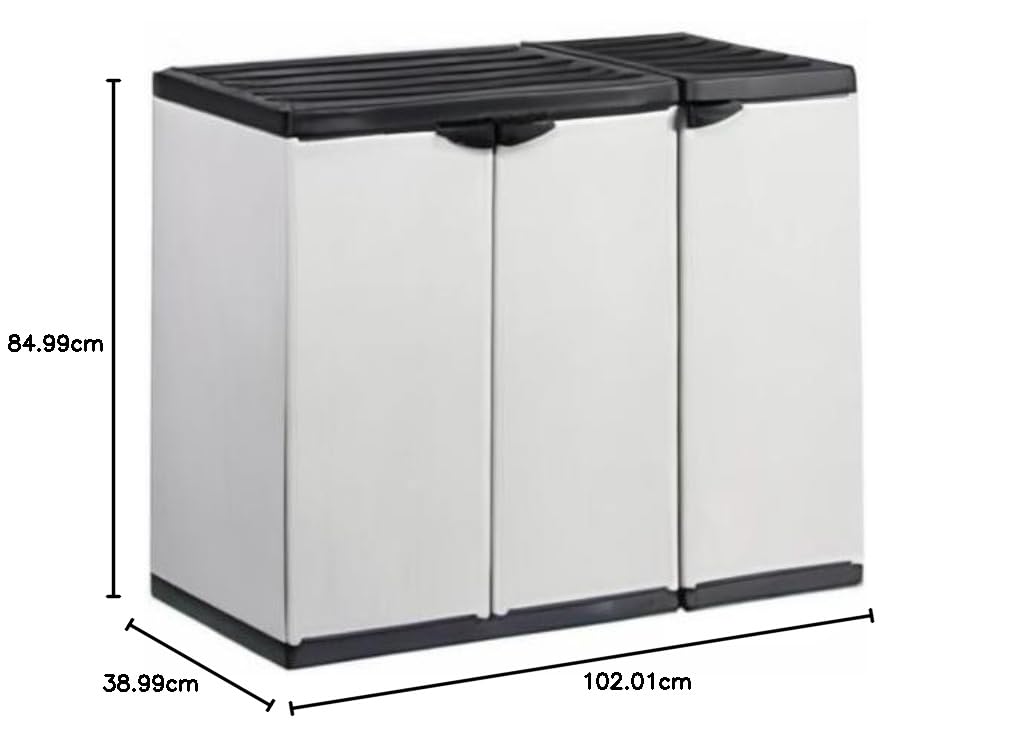 Kreher Modularer Universal Kunststoffschrank Kommode 2 in 1 mit DREI Türen und höhenverstellbaren Böden. Robuste Ausführung, in Grau. Maße BxTxH : 102 x 38,5 x 85 cm.