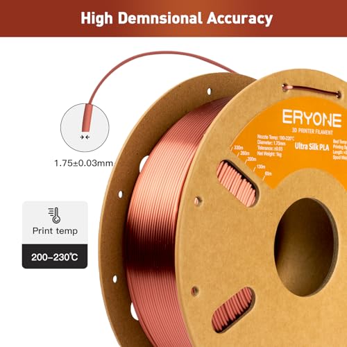 Image of ERYONE Silk Filament PLA+ 1.75mm Upgraded Shiny 3D Printer Filament, Gloss Finish, Fit Most FDM Printer Stable Printing,1kg (2.2LBS) /Spool, Copper