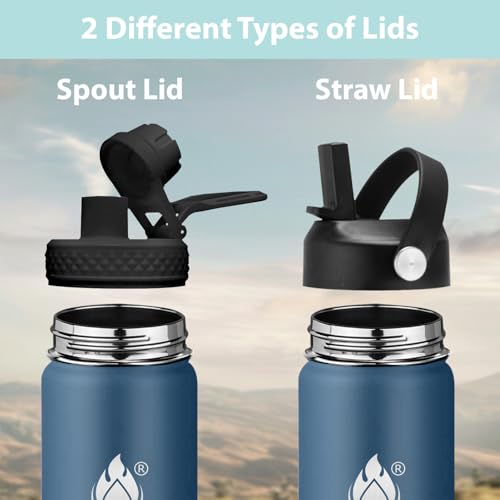 Image of Insulated Water Bottle 32 oz with Straw, Stainless Steel Wide Mouth Water Bottle, Double Wall Vacuum Leak Proof with Straw Lid & Spout Lid for Sports or Office, Keep Cold or Hot Up to 24 Hrs