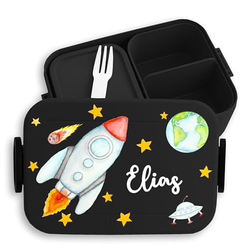 Kinder Bento Box Midi f&uuml;r Mepal Bentobox - Weltall - Brotbox Rakete Lunchbox Raumschiff Vesperbox Weltraum Geschenk Schule I Meteorit - 900 ml - Schwarz - brotdose junge einschulungsgeschenk nasa