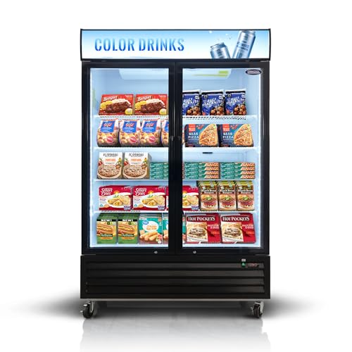 Image of mikibama Glass Door Merchandiser Freezer, 44.7 Cu.ft Swing Door Commercial Reach-In Display Refrigerator with LED Top Panel Upright Freeze Storage, Double Cabinet, Black