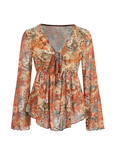 Verdusa Women's Paisley Boho 70s Mesh Tops Western Outfits Lettuce Trim Peplum V Neck Long Sleeve Blouse Top2