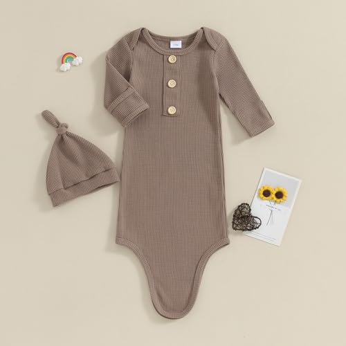 KMBANGI Newborn Baby Boys Girls Knotted Gown Hat Set Long Sleeve Button Infant Sleeper Baby Sleep Gown with Mittens2