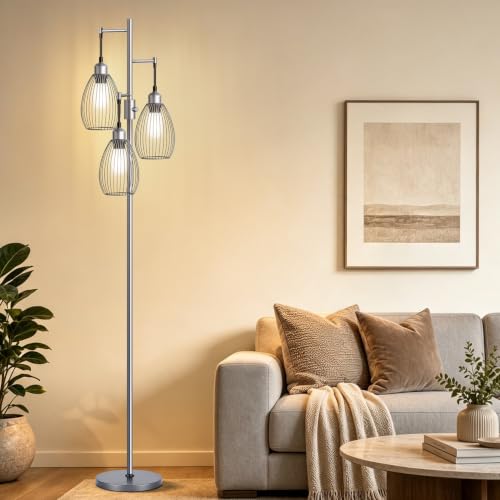 Image of Nintiue Dimmable Floor Lamp, 3 x 800LM LED Edison Bulbs Included, Industrial Floor Lamp Standing Tree Lamp with Elegant Teardrop Cage Heads Tall Lamps for Living Room Bedroom-Grey