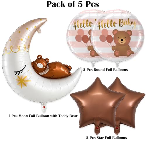 Image of Rozi Decoration Hello Baby Teddy Bear Moon Foil Balloon Set with Star & Round Balloons, 5 Pcs Baby Shower Decoration Kit for Welcome Baby Celebration