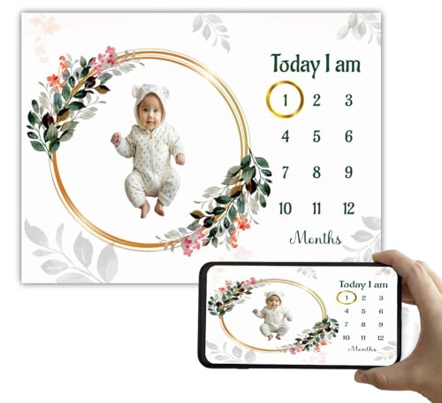 Image of Baby Monthly Milestone Blanket | 1-12 Months | Soft All-Season AC Blanket | Ideal for Newborn Boys & Girls | Perfect Growth Tracker & Photoshoot Prop with Decorative Floral | 120x90 cm