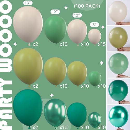 Image of PartyWoo Retro Green Balloon Garland, 100 pcs Shades of Green Balloons Different Sizes Pack of 18 Inch 12 Inch 10 Inch 5 Inch Balloons for Balloon Garland as Party Decorations, Birthday Decorations