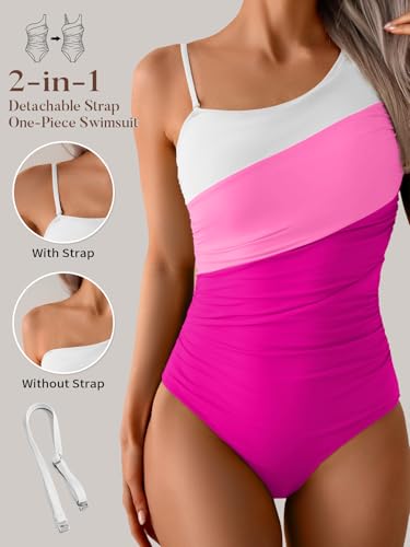 Image of Aidonger One Shoulder One Piece Swimsuit for Women Tummy Control Bathing Suits Color Block Ruched Swim Suit Slimming Swimwear