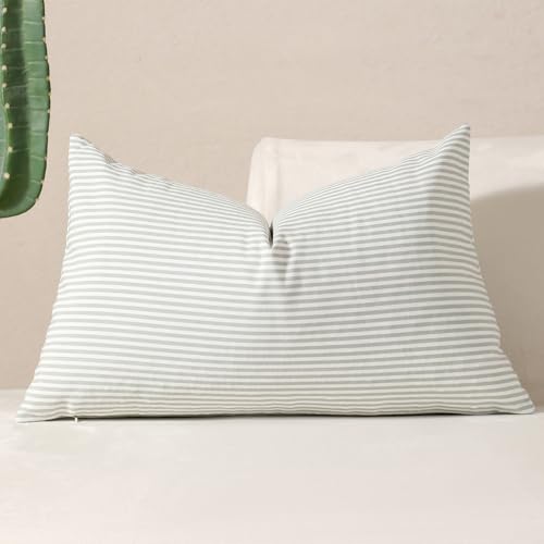 vctops Green Stripe Print Decorative Throw Pillow Covers 12x20 Inch Farmhouse Pinstripe Lumbar Cushion Cover Pillowcase for Sofa Bedroom Couch (Grey Green Stripe,12"x20")