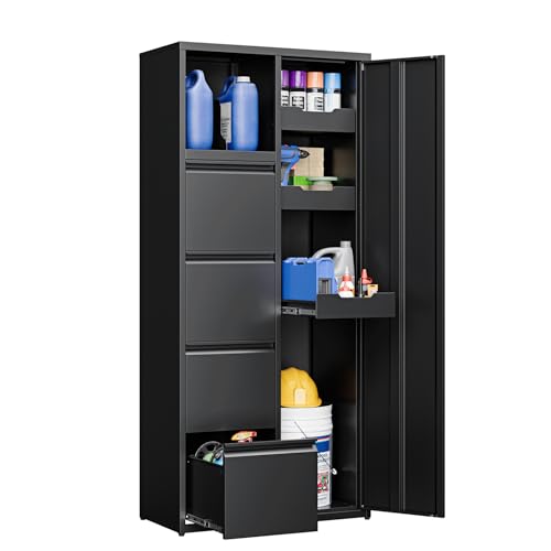 Image of Yizosh Metal Garage Storage Cabinet with 4 Drawers, 71 inch Heavy Duty Tool Cabinet with Door,Tall Steel Storage Cabinet,Utility Tool Cabinet for Garage,Warehouse,Workshop