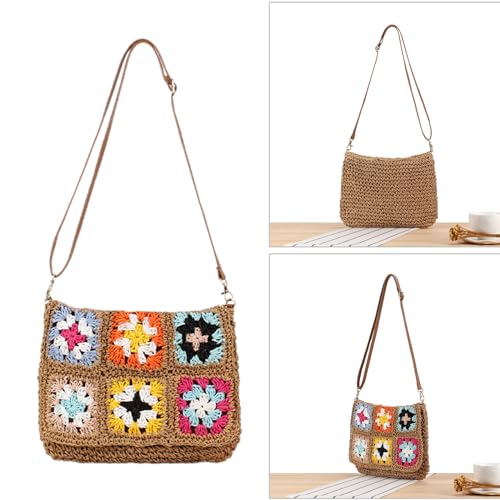 Muloo Ethnic Vintage Woven Flap Crossbody Bag Beach Vacation Crochet Colorful Flower Shoulder Bag Purse with Adjustable Strap, Camel2
