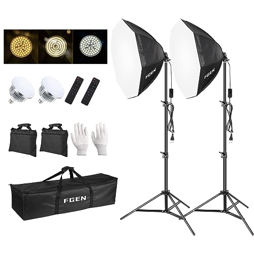 FGen Softbox Set Fotostudio，70cm Achteckiges Softbox LED Fotolicht mit 135W 3000-6500K, 2m Vollverstellbare Lichtstativ Foto licht für YouTube, Tiktok...