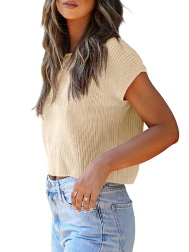 Image of LCXWFE Womens Summer Cropped Sweater Vest Trendy Cap Sleeve Crop Tops Crew Neck Loose Knit Tank Top