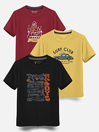 Image of HELLCAT Boys Round Neck Printed Blended Cotton Tshirt -Combo Pack of 2 - Orange /Blue
