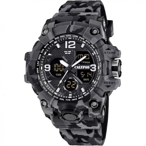 CALYPSO Reloj Digital Hombre Analógico de Caucho Gris - Movimiento de Cuarzo - Resistente al Agua 5 ATM Fecha y Calendario, Cronógrafo, Doble Horario, Luz, Alarma, 12 y 24 Horas K5855/4 X-Trem
