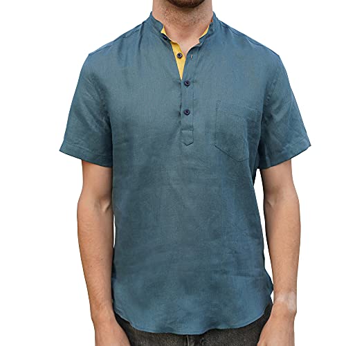 Chemise lin irlandais homme manches courtes bleu sarcelle col Henley taille L