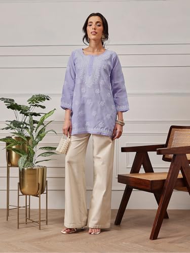 Image of Ada Hand Embroidered Lucknow Chikankari Straight Round Neck Cotton Blend Short Kurti Tunic Top for Women A911333