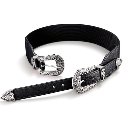 Image of Dubulle Womens Belt Chain Leather Belts Vintage Western Adjustable Elastic Double Buckle for Cowboy Pant Dress