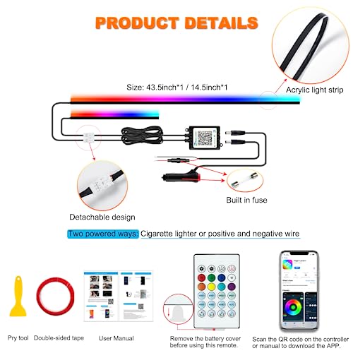 Image of Jushope Interior Car LED Strip Lights, Acrylic LED Lights for Car with Dynamic Dreamcolor Chasing, Ambient Lighting Kits Music Sync Wireless APP and RF Remote Control (43.5+14.5'')