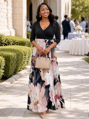 Image of Plus Size Maxi Dress for Women V Neck 3 /4 Sleeve Wrap Dress