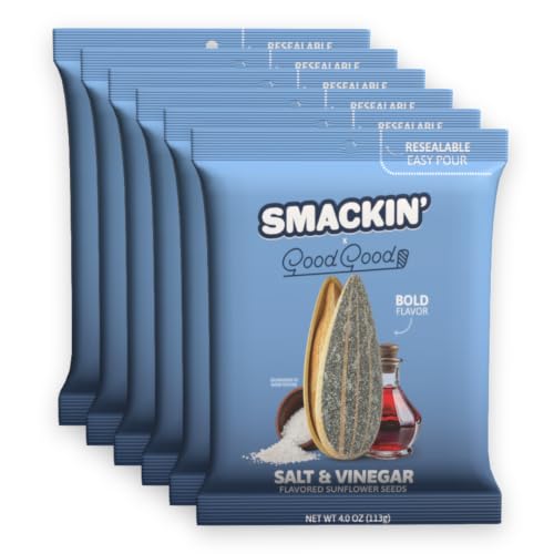 SMACKIN Athlete Bundle - Jumbo Roasted Sunflower Seeds, No Salty Burn, American Made, Easy Pour & Seal - Good Good Salt & Vinegar 4oz bags (6 Bags)