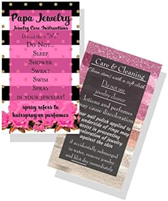 Jewelry Cleaning and Care Cards | Pack of 50 | Pink and Black Striped Floral Design | Jewelry Bling Queen Care Instructions