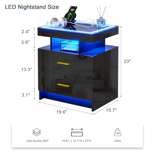 Image of HNEBC LED Nightstand with Charging Station (USB,Type-C Ports) High Gloss Bedside Table with 2 Drawers, Smart Night Stand with Auto Sensor Lights,Modern Bed Side Table for Bedroom (Black)