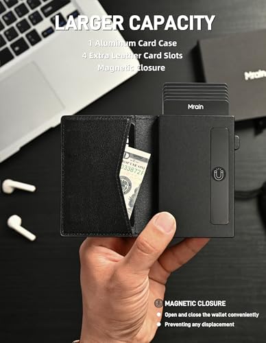 Men's Slim Premium Leather Wallet Pop Up Card Holder RFID Blocking Metal Wallet with Push Button Minimalist Design for Credit Card Holder Magnetic Closure (Black)3