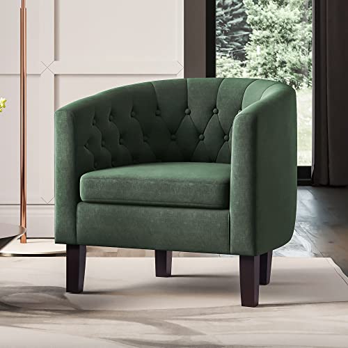 Image of BELLEZE Green Accent Chairs for Living Room, Set of 2 Elegant Arm Chairs, Upholstered Tufted Barrel Chairs Club Chairs for Bedroom with Sturdy Legs and Linen Fabric - Berlinda (Green)