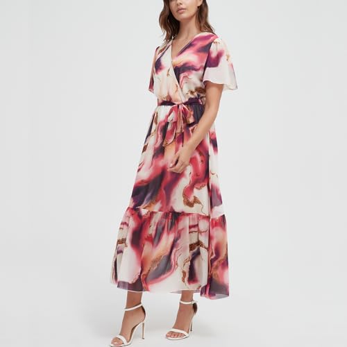 Image of Women's Summer Bohemian Floral Chiffon Dress Cap Sleeve V Neck Ruffle Long Flowy Boho Casual Vacation Dresses
