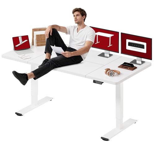 Image of SANODESK Dual Motor Electric Standing Desk 79 x 32 Inches, Height Adjustable Sit Stand Desk with Large Splice Board for Home Office, Computer Workstation, Study & Gaming, White Frame /White Top