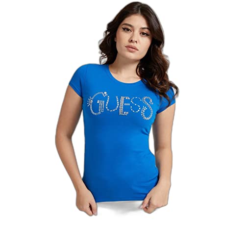 Guess T-shirt d'été à manches courtes pour femmes en coton bleu avec strass M